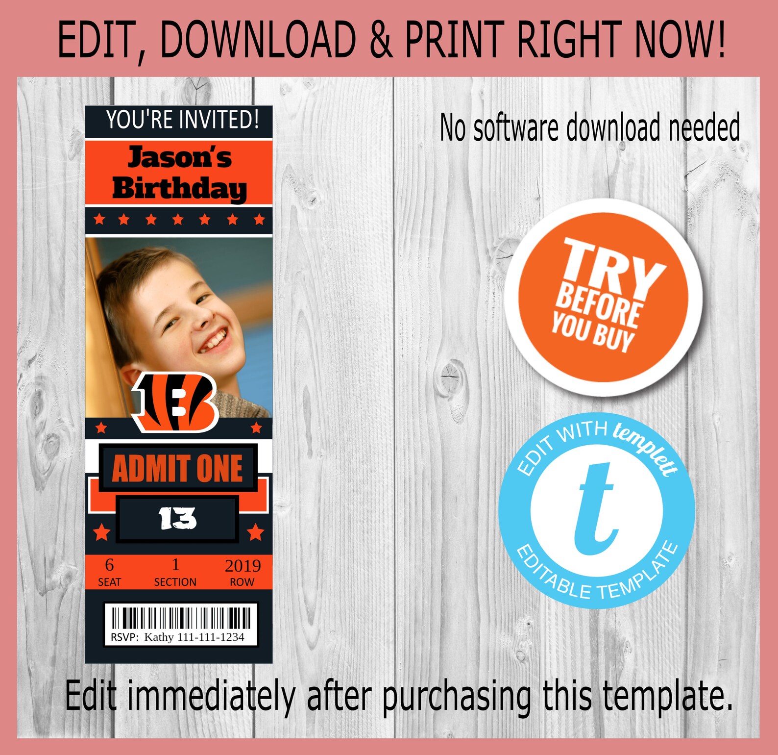 Cincinnati Bengals Custom 2x6 Ticket Invitation Editable Etsy