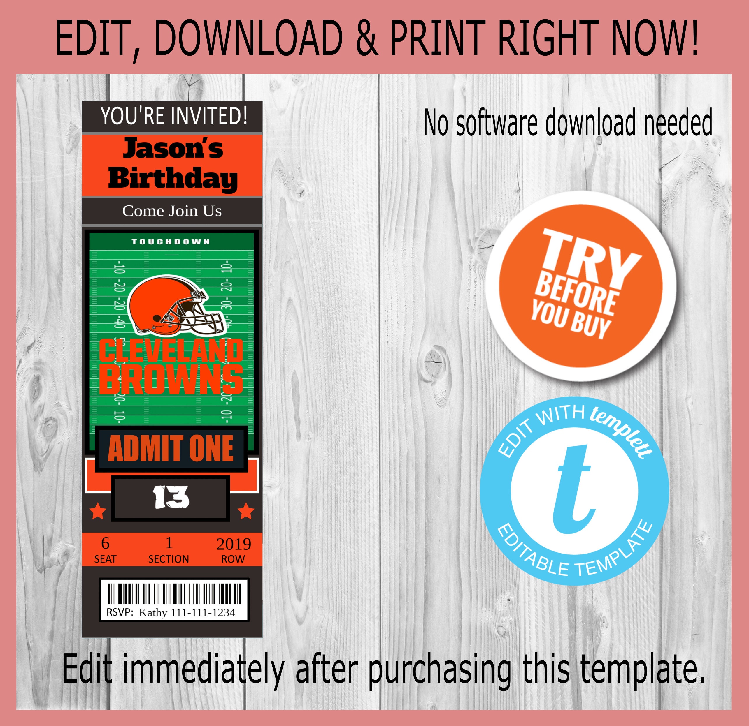 Cleveland Browns Custom 2x6 Ticket Invitation Editable Etsy