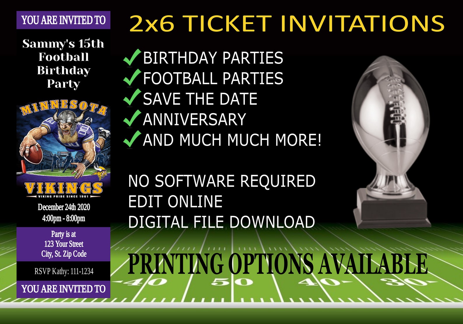 Minnesota Vikings 2x6 Ticket Invitation Editable Graduation Etsy