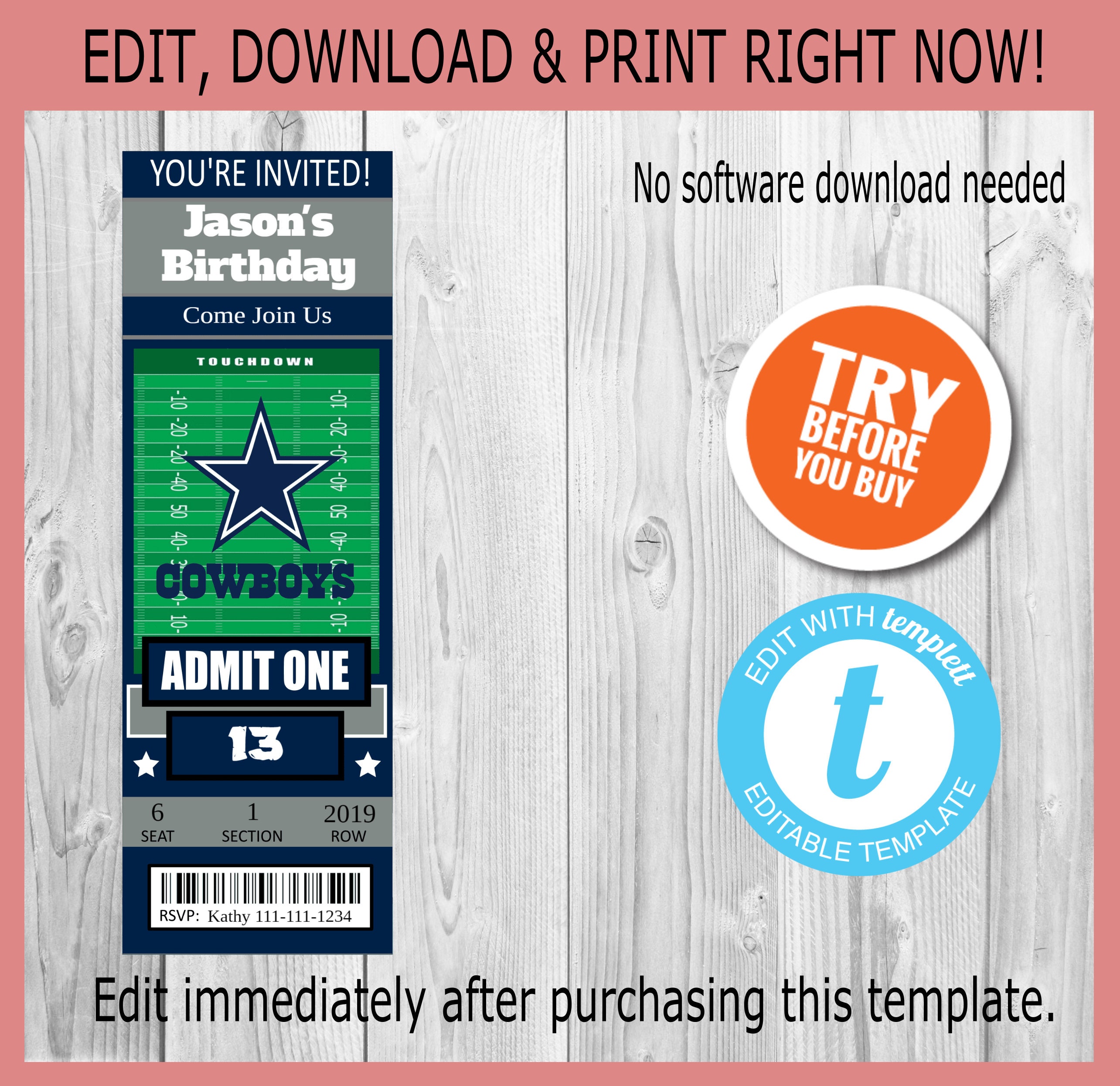 Dallas Cowboys Custom 2x6 Ticket Invitation Editable Etsy