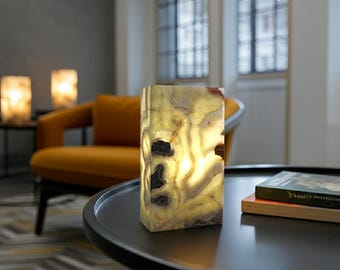 Natural Green Onyx Table Lamp: Handcrafted Stone Lighting, 14"