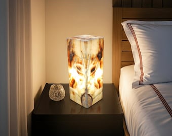 Onyx Table Lamp with Abstract, Cloudy Pattern in Golden Brown Tones, 16"