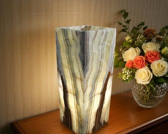 Green Onyx Table Lamp with Natural Parallel Veins – 6" x 16" | Handcrafted Stone Lighting