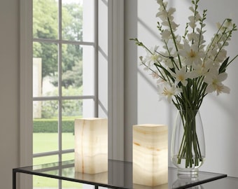 Bright Square White Onyx Table Lamp, 6 x 12 inch - Modern Stone Light