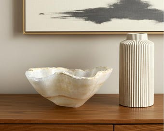 Handcrafted White Onyx Bowl: Luxury Stone Centerpiece, Live Edge