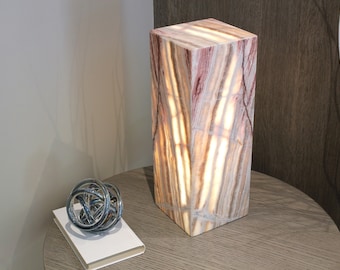 Misty Gray Onyx Table Lamp: Hand-Carved Stone Accent Light (16")