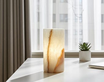 White Onyx Table Lamp with Golden-Brown Natural Veins – Handcrafted Stone Lighting (6" × 12")