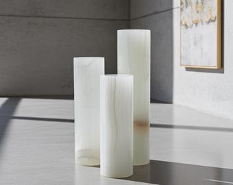 Clear White Onyx Table Lamp | Natural Stone Cylinder Lamp, 12"& 16"