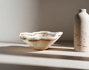 Handcrafted White Onyx Bowl: Luxury Stone Centerpiece with Organic Edge