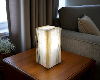 White Onyx Table Lamp with Golden-Brown Natural Veins – 6" x 12" Handcrafted Stone Light
