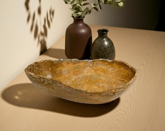 Classic Brown Onyx Decorative Bowl - Hand-carved Natural Stone Centerpiece, 17"