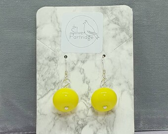 Yellow glass bead and sterling silver drop earings