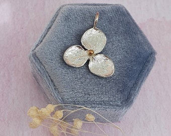 Silver Hydrangea flower pendant with gold accent