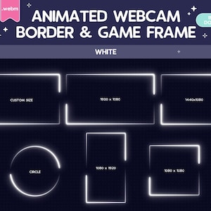 Könnte beinhalten: Animierter Webcam-Rahmen und Spielrahmen in Weiß. Das Bild zeigt sechs verschiedene Rahmenoptionen: benutzerdefinierte Größe, 1920 x 1080, 1440 x 1080, 1080 x 1920, 1080 x 1080 und ein Kreis.