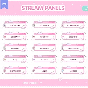 Pode incluir: Painéis de transmissão digitais rosa e branco com detalhes de nuvens e estrelas. Os painéis apresentam rótulos de texto como "Sobre mim", "Obras de arte", "Comandos", "Contato", "Créditos", "Discord", "Doar", "Doadores", "Facebook", "Perguntas frequentes", "Jogos", "Metas", "Instagram", "Links" e "Mercadorias".