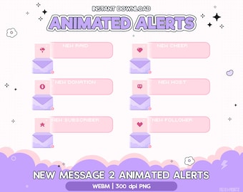 May include: A digital graphic with the text "ANIMATED ALERTS" in purple. The image features six pink notification boxes with icons and text like "NEW RAID" and "NEW CHEER", each paired with a purple envelope.