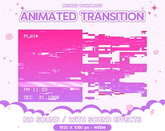May include: Animated transition effect with a pink and purple glitch aesthetic. The text "PLAY" is displayed on a pink rectangle with a play button icon. The text "NO SOUND / WITH SOUND EFFECTS" is displayed below the glitch effect. The text "1920 X 1080 px - WEBM" is displayed below the text.