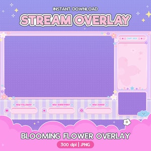 May include: A purple and pink digital stream overlay with a floral theme. The overlay includes sections for a chat box, new follower, new subscriber, and new donor. The text "STREAM OVERLAY" and "BLOOMING FLOWER OVERLAY" are included in the design.