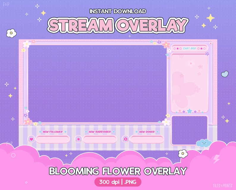 May include: A purple and pink digital stream overlay with a floral theme. The overlay includes sections for a chat box, new follower, new subscriber, and new donor. The text "STREAM OVERLAY" and "BLOOMING FLOWER OVERLAY" are included in the design.