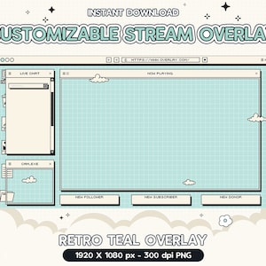 Twitch Stream Package, Retro Teal Pixel Overlay, Customizable, Kawaii, Cute, Just Chatting, Star, Green, Screen, Transition, Animated Vtuber