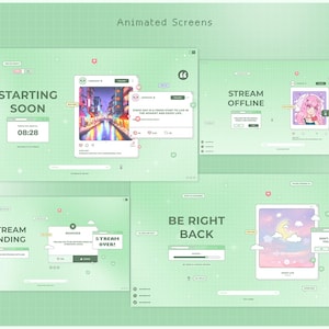 Twitchストリームパッケージ、アニメーションミントグリーンピクセルオーバーレイVtuberカスタマイズ可能なかわいい画面アラートスティンガートランジションピクセルパステルチャット