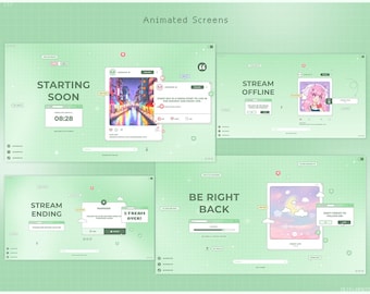 Twitch Stream Package, Animated Mint Green Pixel Overlay Vtuber Customizable Kawaii Screen Alerts Stinger Transition Pixel Pastel Chatting