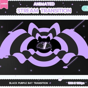 May include: Animated purple and black bat transition for streaming. The bat is flying in a circle with a glowing effect. The text "BLACK PURPLE BAT TRANSITION" is at the bottom of the image. The text "1920 x 1080px" is at the bottom right of the image.