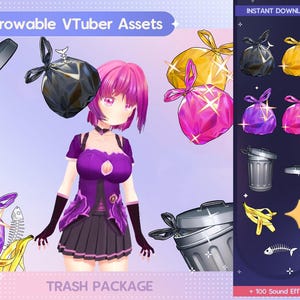 May include: Digital assets for VTubers, featuring a purple-haired anime character in a purple outfit, alongside various trash-themed items like trash bags, a trash can, and a banana peel. Text includes "Throwables VTuber Assets" and "Trash Package".