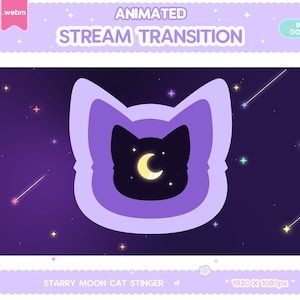 Twitch Animated Stinger Transition, Purple Starry Moon Cat Sky Stinger, Pastel Star Stream Glitch Kawaii Overlay Hemels Donkere Ruimte Zwart