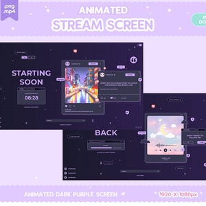 Könnte beinhalten: Animierter dunkelvioletter Stream-Bildschirm mit einem Countdown-Timer, einer Stadtszene und einem Zitat über das Genießen des Lebens. Der Bildschirm enthält auch einen Zurück-Button und eine Nachricht "Vergiss nicht, mir zu folgen".