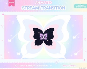 Twitch Animated Stinger Transition, Rainbow Butterfly Stinger Transition, Pastel Flower Animal Stream Decor Moon LGBT Kawaii Cute Overlay