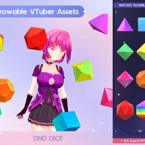 May include: A collection of colorful 3D geometric shapes, including a rainbow, a cube, a pyramid, and a star. The shapes are designed for use as virtual assets for VTubers. The image also includes the text "Throwable VTuber Assets" and "DND Dice".
