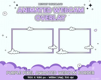 Twitch アニメーション ウェブカメラ ボーダー パープル ピクセル、ストリーム オーバーレイ、ストリーマー グラフィック ボーダー、かわいい、キュートな Twitch、パステル ゲーマー ガール Vtuber ゲーミング