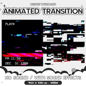 6 Twitch Animated Stinger Transition, Creepy Glitch VHS Vaporwave, Black Dark Horror Spooky Stream Cute Overlay Girl Y2K Kawaii Vtuber Retro