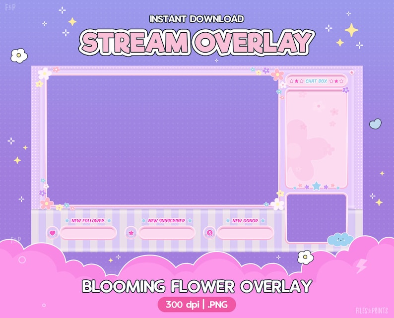 May include: A purple and pink digital stream overlay with a floral theme. The overlay includes sections for a chat box, new follower, new subscriber, and new donor. The text "STREAM OVERLAY" and "BLOOMING FLOWER OVERLAY" are included in the design.