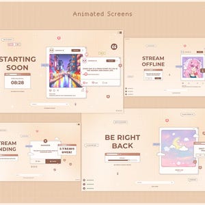 May include: Four animated screens for a live stream. The screens show different messages, including "Starting Soon", "Stream Ending", "Stream Over!" and "Be Right Back".