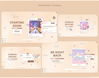 Twitch Stream Package, Animated Brown Pixel Overlay Vtuber Customizable Kawaii Screen Alerts Stinger Transition Pixel Purple Pastel Chatting