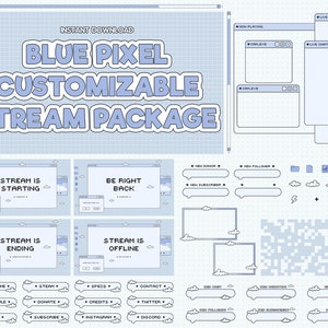 Twitch Stream Package, Blue Pixel Overlay, Customizable, Kawaii, Cute, Twitch Overlay, Screen, Alerts, Webcam, Transition, Animated, Vtuber