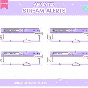 8 alertas animadas moradas Twitch Stream Pixel Overlay Vtuber Kawaii Stinger Transition Pink Blue Pastel Clouds Moon Star Seguidor Suscriptor