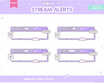 Op de afbeelding: Geanimeerde paarse stream-meldingen voor Twitch of YouTube. De meldingen omvatten een nieuwe volger, een nieuwe abonnee, een nieuwe donatie en een nieuwe cheer. Elke melding heeft een schattig pictogram en een bedankbericht.