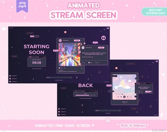 Twitch Animated Screen, Pink Dark BRB, Stream Offline,  Starting, Ending Kawaii Cute Overlay Black Transition Purple Pastel Moon LGBT Vtuber