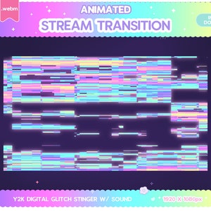 May include: Animated digital glitch stinger with sound effect. The stinger is a 1920 x 1080 pixel video in webm format. The stinger features a colorful glitch effect with a rainbow color scheme.
