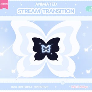 Puede incluir: Transición animada de transmisión con una mariposa azul con contorno negro y estrellas brillantes sobre un fondo azul claro. El texto "Blue Butterfly Transition" está en la parte inferior de la imagen.
