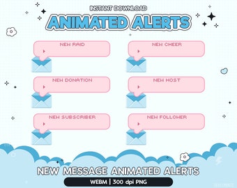 May include: Animated alerts for Twitch streams, featuring a blue envelope icon and pink message boxes with text like "New Raid", "New Cheer", "New Donation", "New Host", "New Subscriber", and "New Follower".