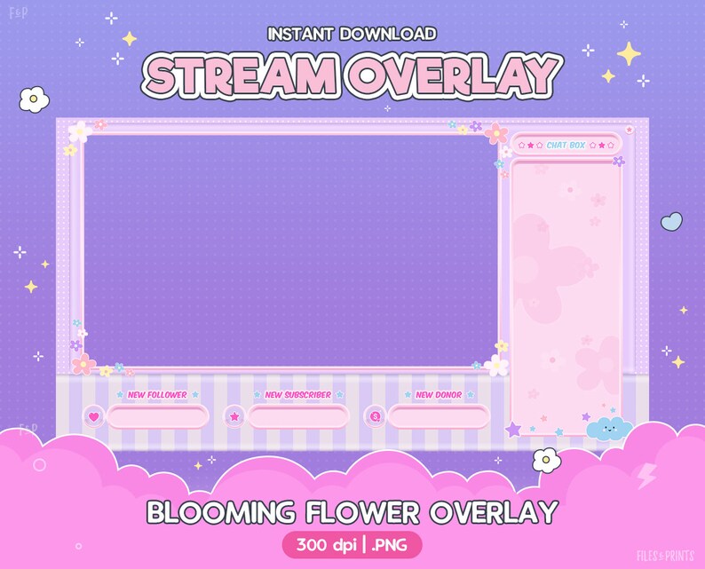 May include: A purple and pink digital stream overlay with a floral design. The overlay includes sections for a chat box, new follower, new subscriber, and new donor. The text "STREAM OVERLAY" and "BLOOMING FLOWER OVERLAY" are included in the design.