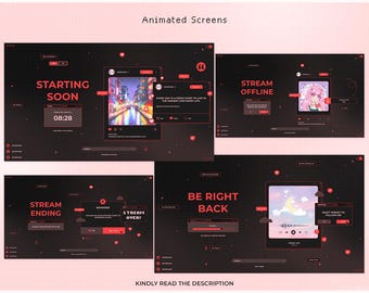 Twitch Stream Package, Animated Black Red Pixel Overlay, Horror Dark Vtuber Customizable Kawaii Screen Stinger Transition Pastel Chatting