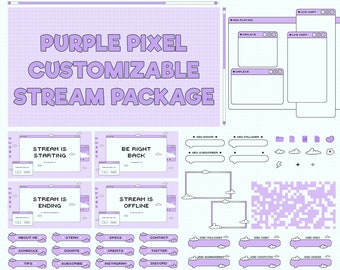 Twitch Stream Package, Purple Pixel Overlay, Customizable, Kawaii, Cute, Twitch Overlay, Screen, Alerts, Webcam, Transition, Animated Vtuber