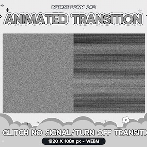 Peut inclure: Effet de transition animé de glitch TV en noir et blanc. L'effet est un écran statique avec des lignes horizontales. Le texte "TV GLITCH NO SIGNAL/TURN OFF TRANSITION" est sous l'image. Le texte "1920 X 1080 px - WEBM" est sous le texte.