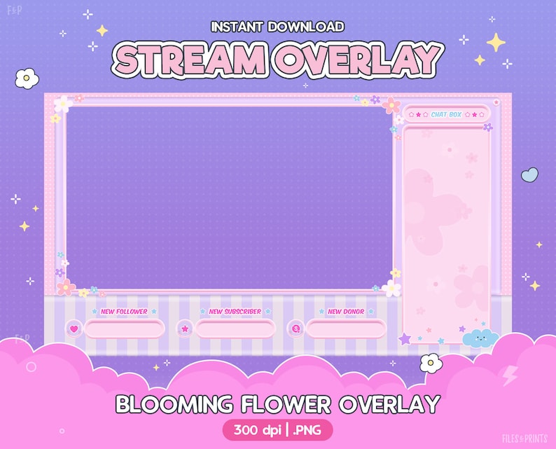 May include: A purple and pink stream overlay with a floral design. The overlay includes sections for a chat box, new follower, new subscriber, and new donor. The text "STREAM OVERLAY" and "BLOOMING FLOWER OVERLAY" are included in the design.