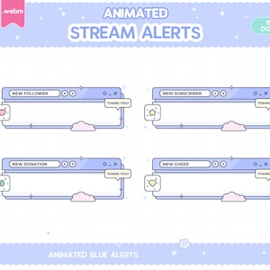 8 Blue Animated Alerts Twitch Stream Pixel Overlay Vtuber Kawaii Stinger Transition Pink Purple Pastel Clouds Moon Star Follower Subscriber